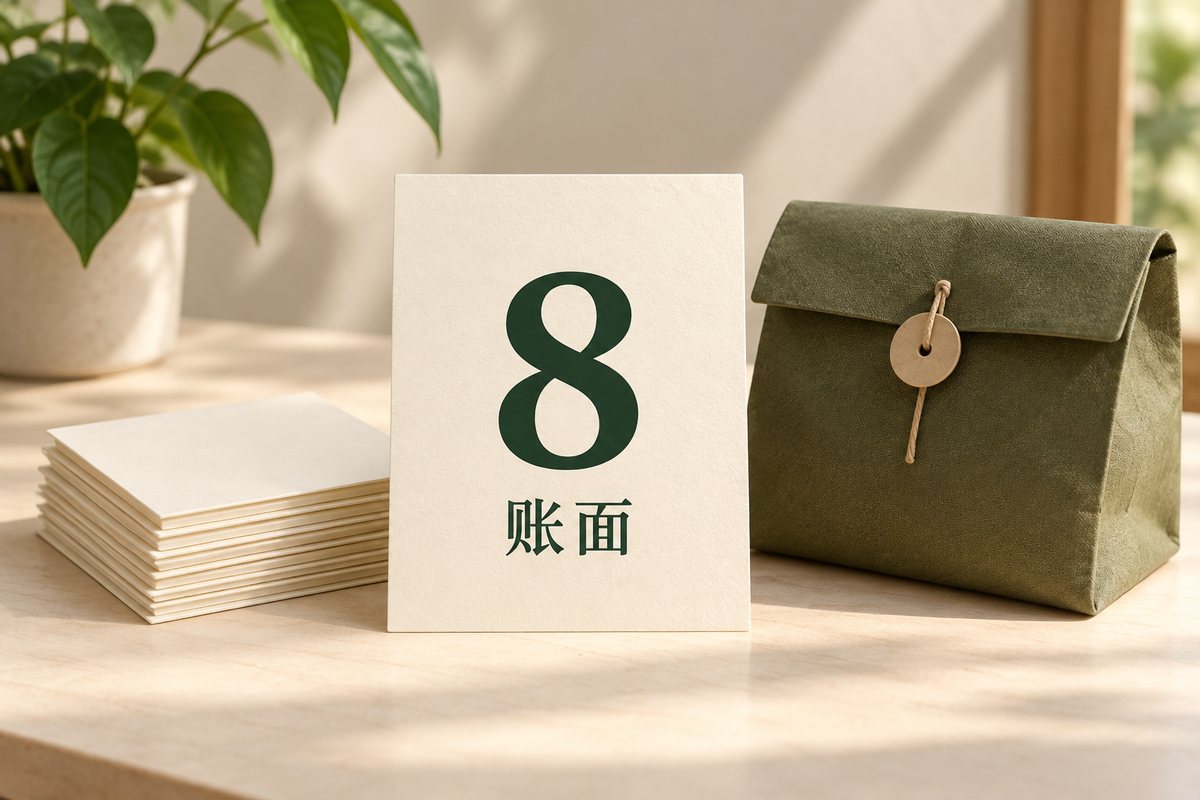 数字8与账面标签写在同一张纸卡上，表示需要继续核对分类的总数