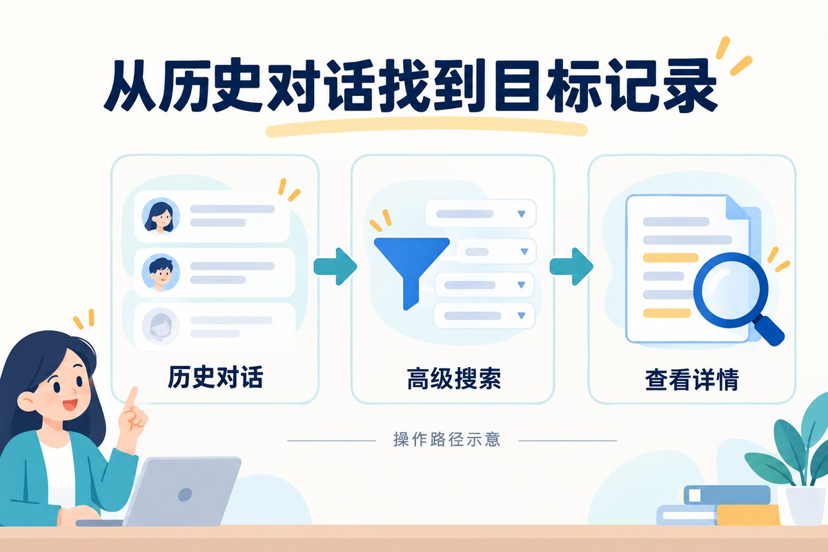 从历史对话打开高级搜索并查看详情的操作路径示意