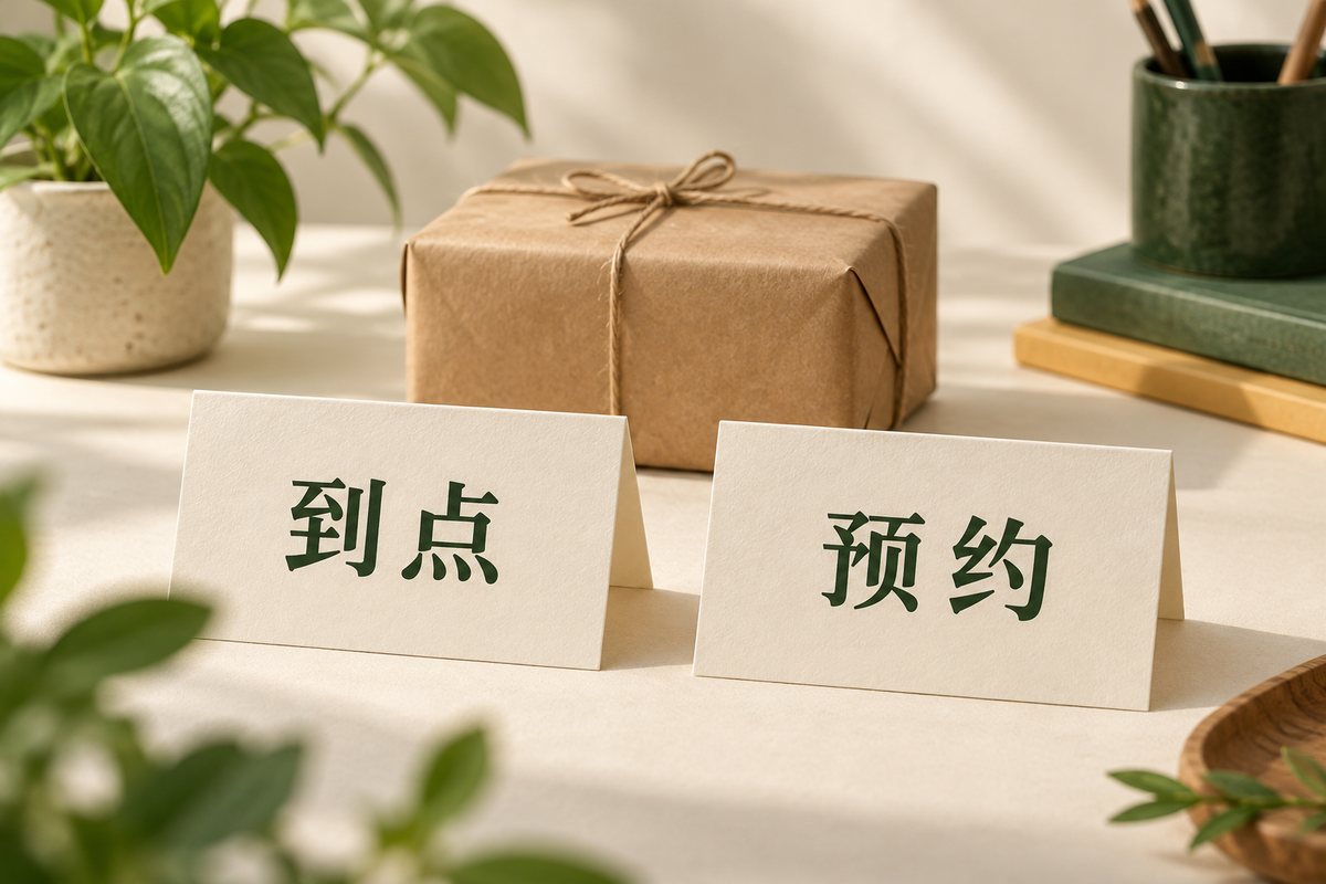 到点与预约两张纸卡放在无标识包裹旁，提示到店前需要分别核对的条件