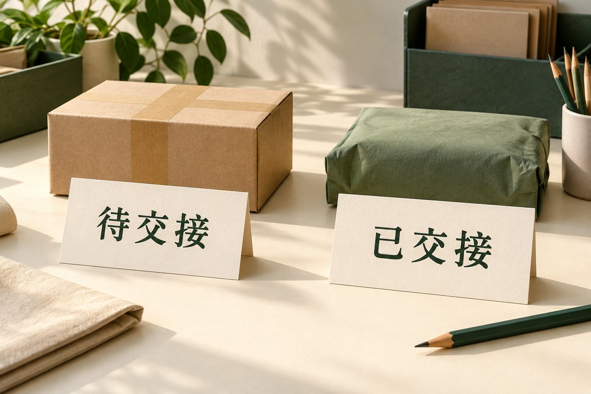 待交接与已交接两张状态卡放在包裹旁，说明到店与交付完成的区别