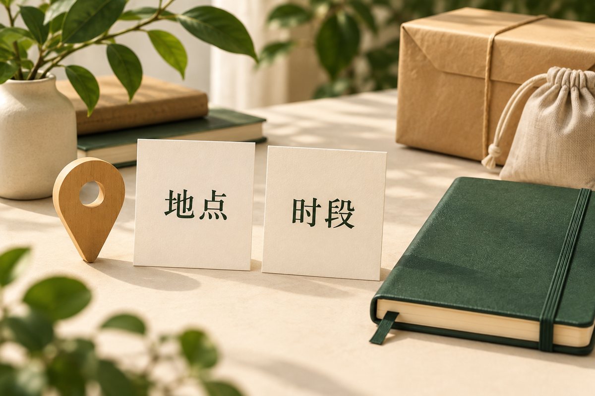 地点和时段两张纸卡与计划本、位置标记并列，说明到店约定需要完整描述
