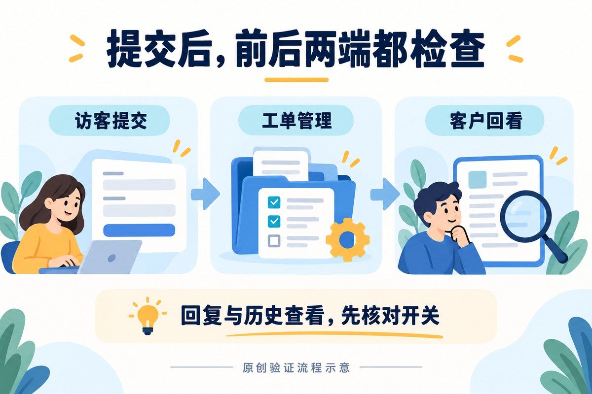访客提交表单后检查工单管理与客户侧操作记录的验证流程示意