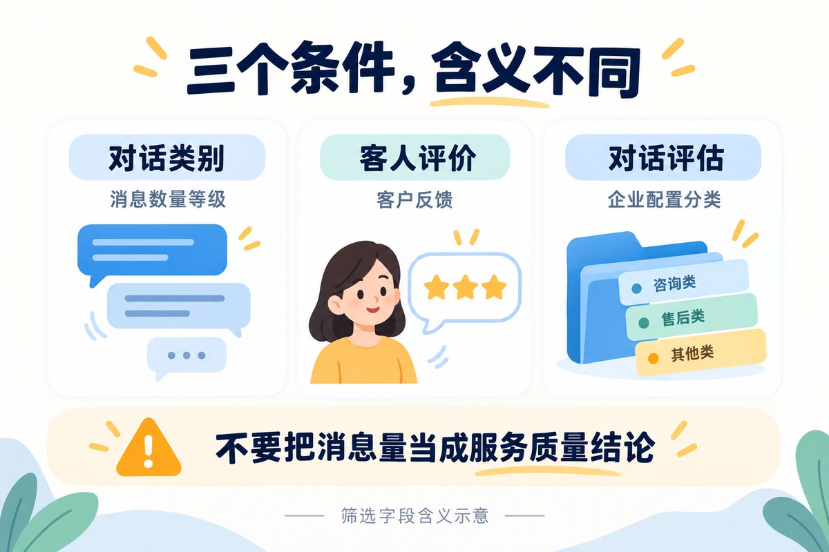 对话类别、客人评价和对话评估三个筛选条件的含义比较