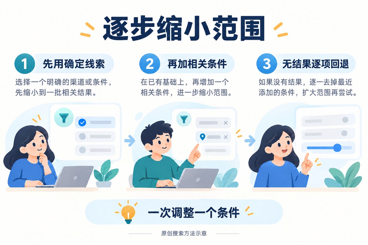 先设置明确条件、逐步增加筛选、无结果时逐项回退的搜索流程示意