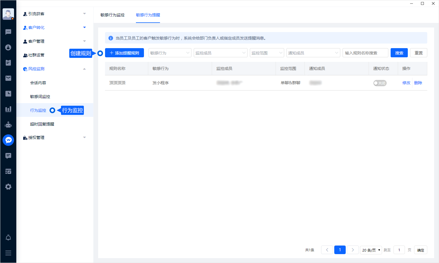 行为监控按规则记录指定成员的相关沟通行为，并通知负责人员。配置时应明确成员、监控范围和通知对象，按企业制度管理访问权限。