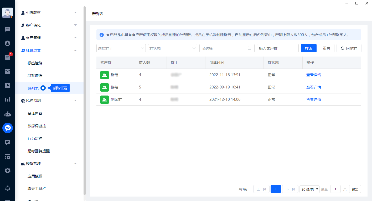 群列表集中展示群主、成员数量和群状态。需要了解具体群聊时，可进入详情查看成员与基本资料，便于安排后续运营。
