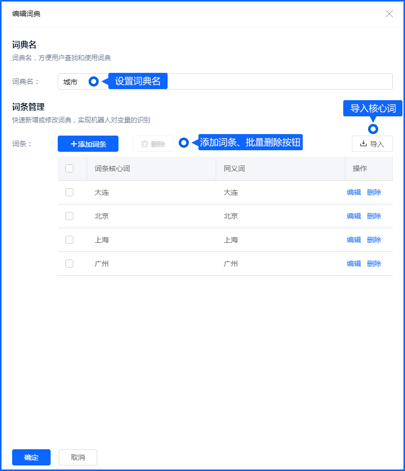 自定义词典用于补充业务中常见的专有词和表达。维护时应统一写法，并用包含这些词的问句检查识别效果。